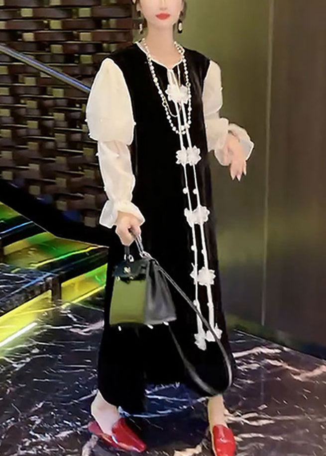 Black Nail Bead Patchwork Silk Velour Dresses Puff Sleeve