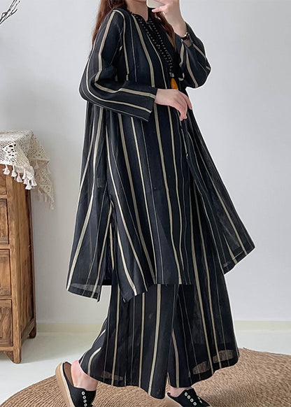 Black Oversized Striped Linen Silk Two Pieces Set Fall