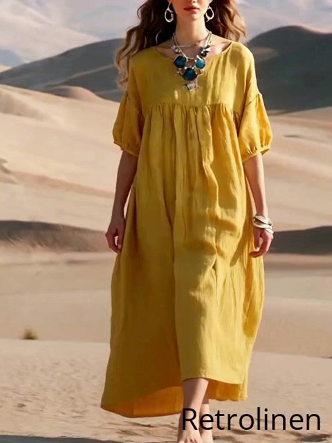 Yellow O-neck Patchwork Wrinkled Long Dresses Short Sleeve Summer