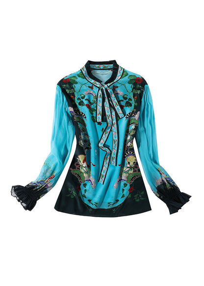 Indigo Stand Collar Print Tie Waist Silk Shirt Long Sleeve