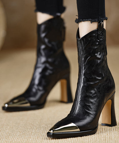 Chunky Heel Boots Black Sheepskin Pointed Toe