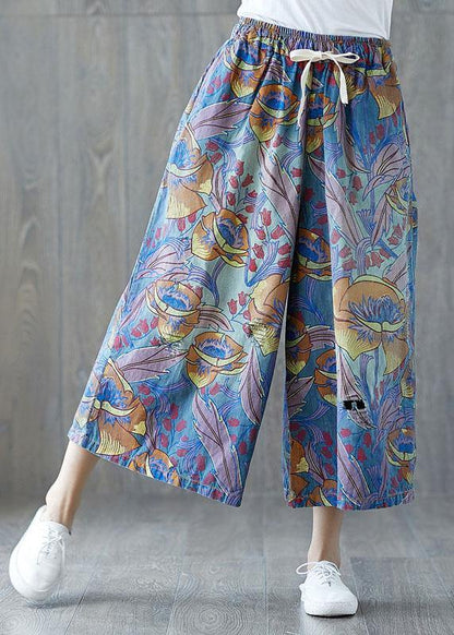 Blue Pockets Print Tie Waist Fall Wide Leg Pants