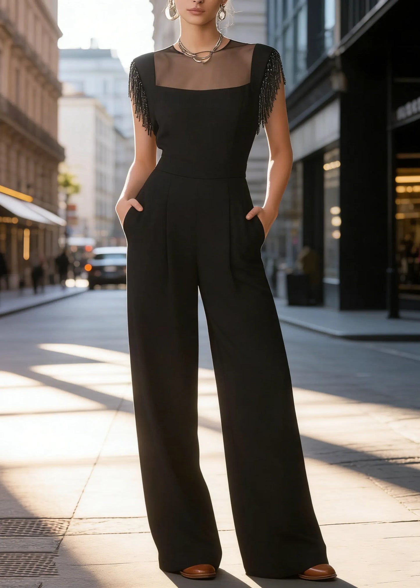 Black O Neck Tassel Pockets Cotton Jumpsuit Summer