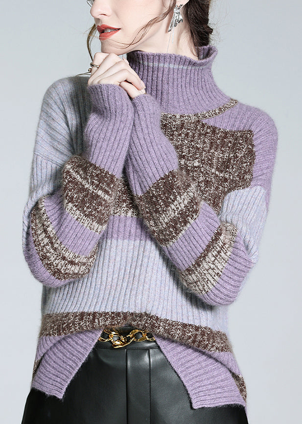Brown Turtleneck Patchwork Cashmere Knit Sweaters Winter