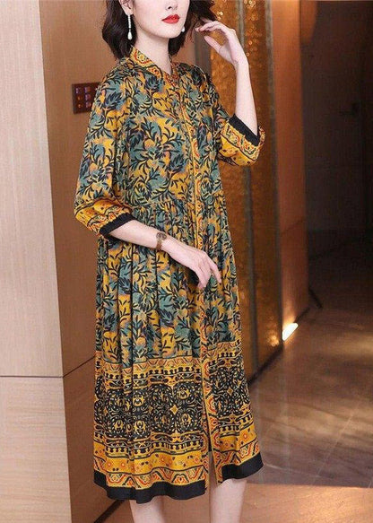 Classy O-neck Print Button Wrinkled Silk Dress Long Sleeve