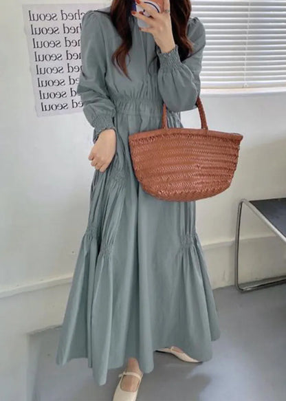 Diy Light Blue Stand Collar Wrinkled Patchwork Cotton Dresses Spring