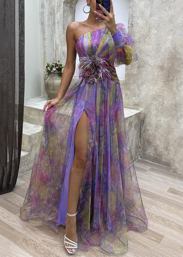 Green Asymmetrical Side Open Tulle Dress Long Sleeve Summer