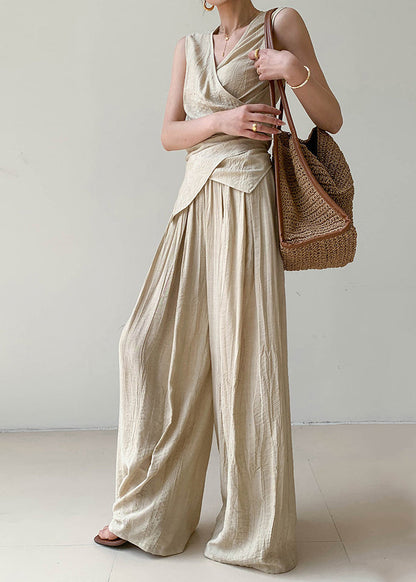 Brief V Neck Silk Linen Top and Wide Leg Pants Two Pieces Set Sleeveless Summer