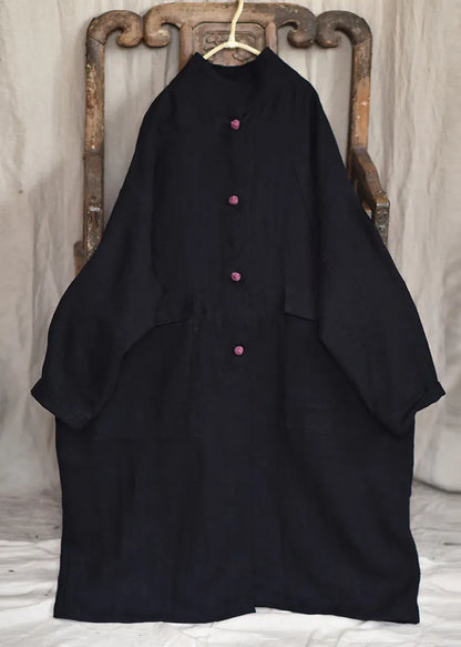 Black Stand Collar Pockets Linen Coat Fall