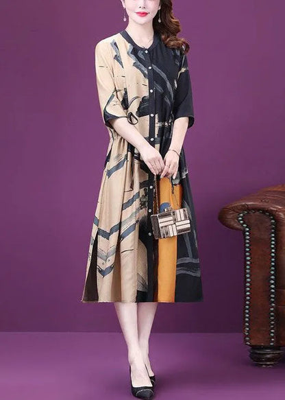 Colorblock Drawstring Side Open Print Silk Dresses Summer