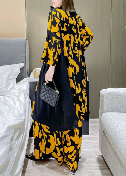 Yellow Peter Pan Collar Patchwork Silk Shirt Wide Leg Pants Two Pieces Set Spring