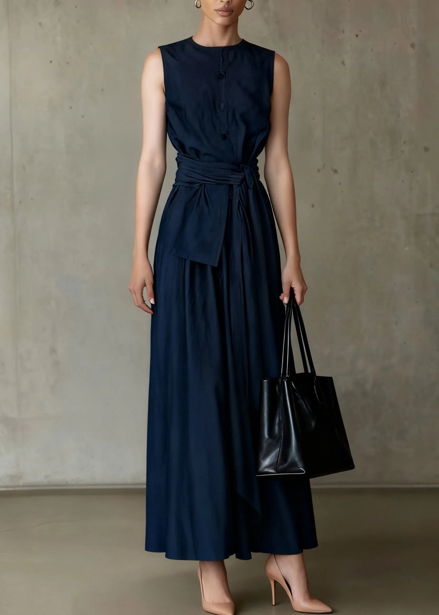 Slim Fit Navy Tie Waist Tops and Skirts Denim Two Piece Set Sleeveless