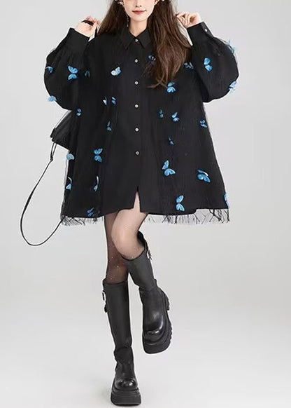 Black Peter Pan Collar Butterfly Lace Patchwork Cotton Shirt Fall