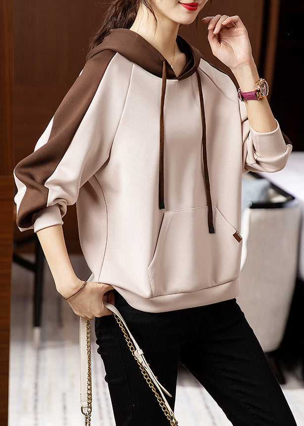 Apricot Hooded Pockets Patchwork Cotton Sweatshirt Fall