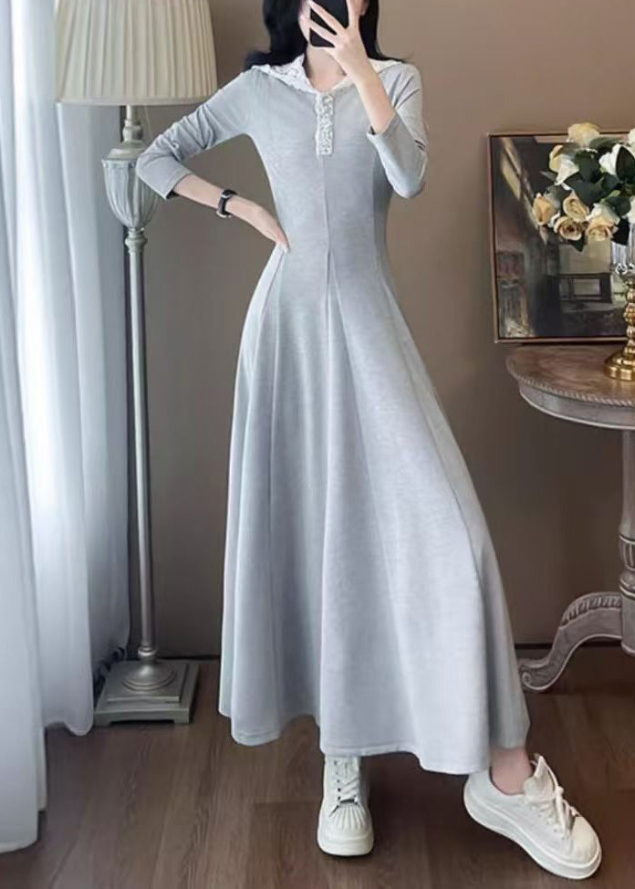 Grey Hooded Patchwork Cotton Long Dress Spring