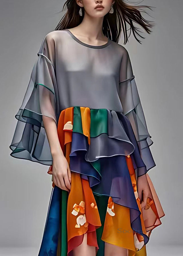 Style Grey O-neck Patchwork Chiffon Maxi Dress Half Sleeve