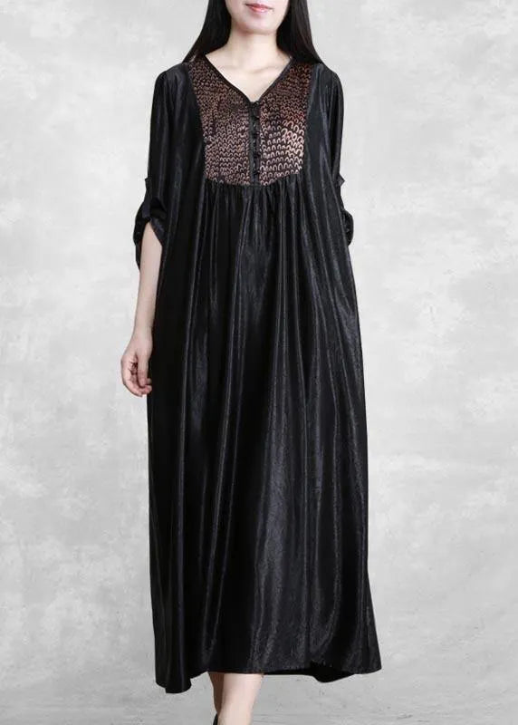 Organic Black Quilting Clothes V Neck Patchwork Robes Spring Dress