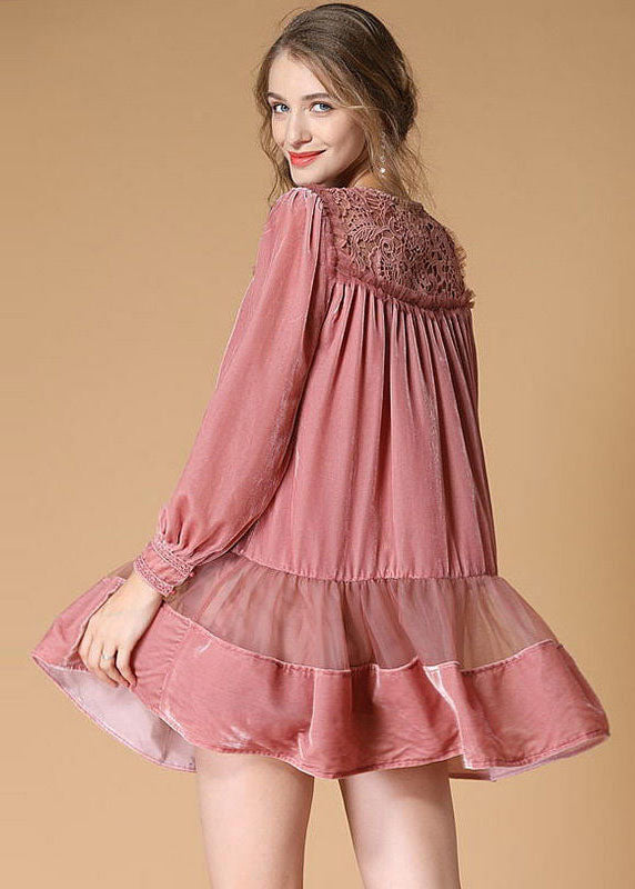 Pink Embroideried Lace Up Patchwork Velour Dress Spring