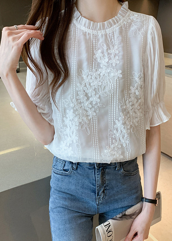 White Embroidered Chiffon Shirts Summer