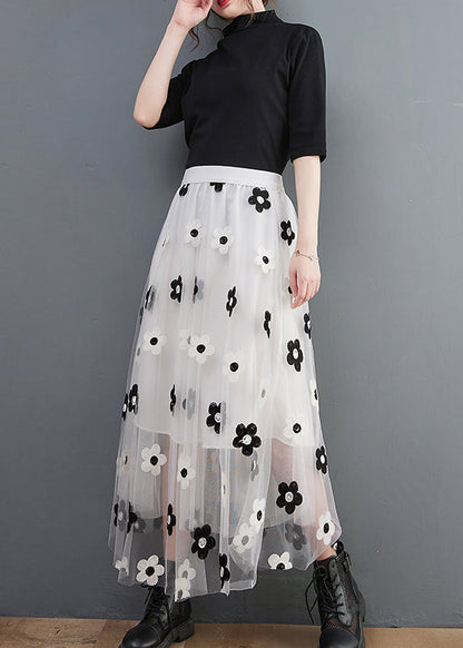White Embroideried Tulle Skirts High Waist Spring