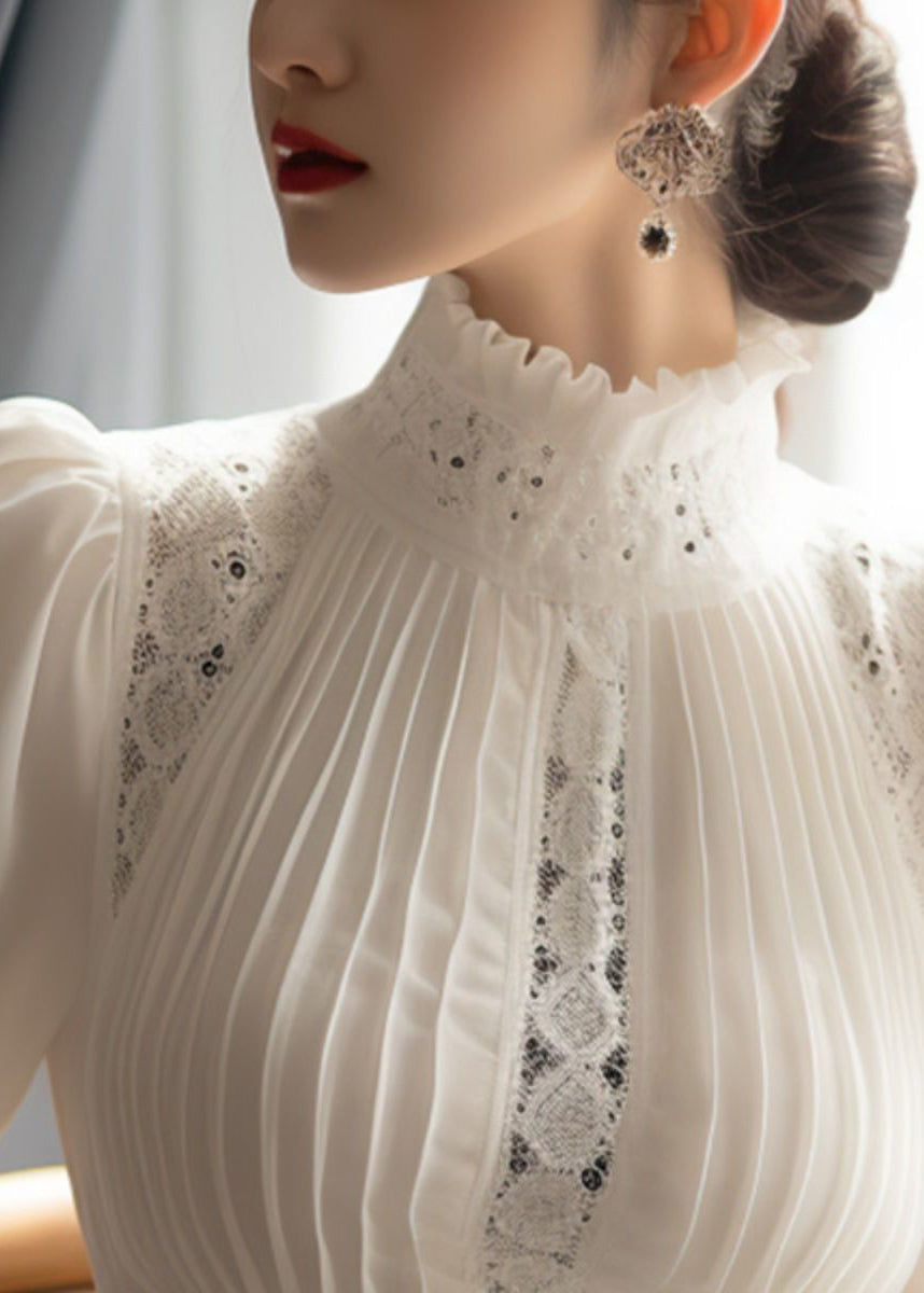French White Puff Sleeve Lace Wrinkled Patchwork Cotton Top Spring