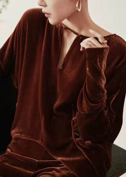 French Coffee Tops and Pants Velour Two Pieces Set Fall