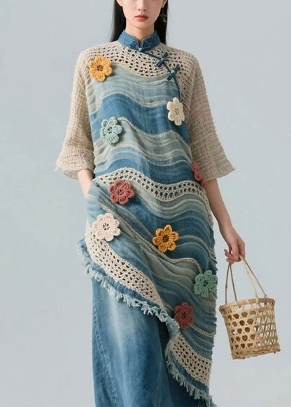 Blue Striped Hollow Out Knit Patchwork Blouses Bracelet Sleeve
