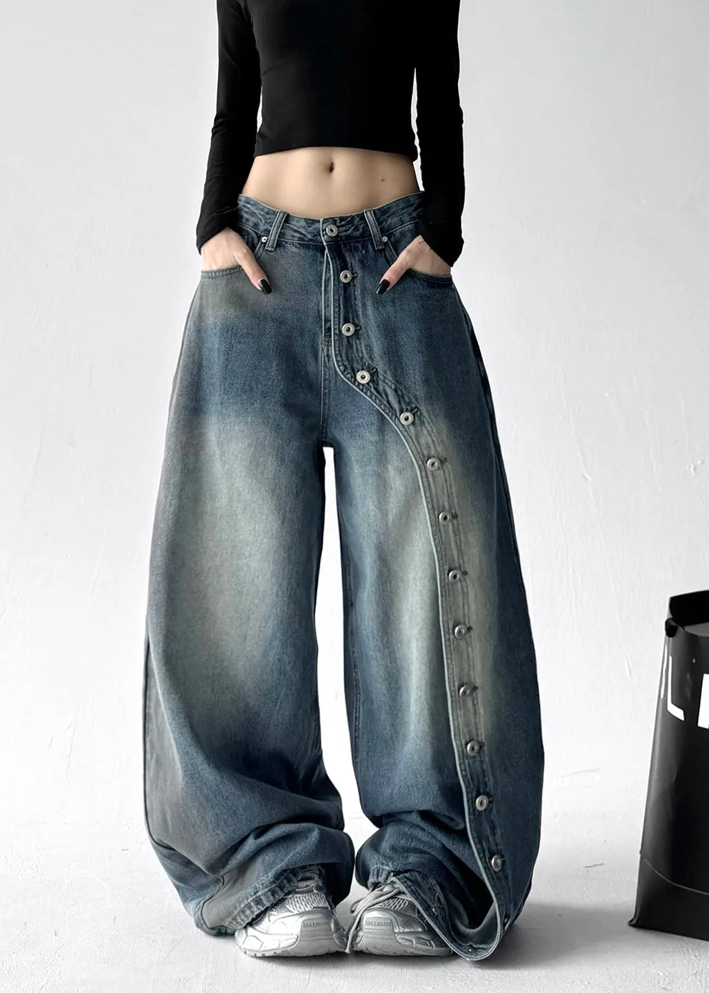 Grey Pockets Rivet Patchwork Denim Wide Leg Pants Fall