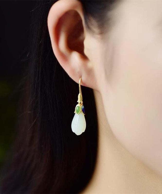 Gold Sterling Silver Overgild Jade Cloisonne Orchid Stud Earrings