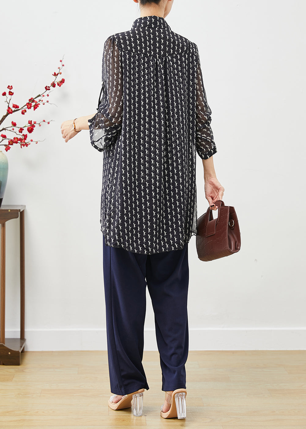 Navy Asymmetrical Tasseled Print Chiffon Top Summer