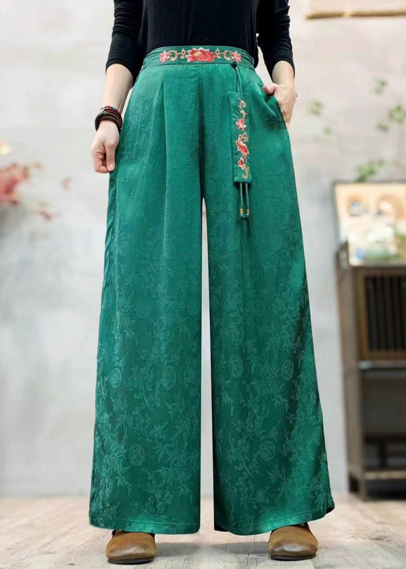 Tea Green Embroidered Jacquard Silk Pants Spring