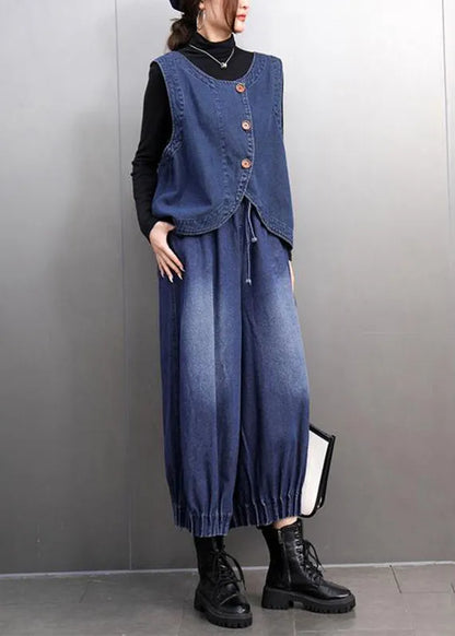 Boutique Blue O-neck Button Denim Waistcoat and Crop Pants Two Pieces Set Spring