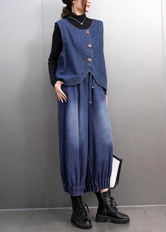 Boutique Blue O-neck Button Denim Waistcoat and Crop Pants Two Pieces Set Spring