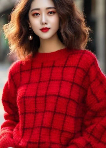 Red O Neck Cozy Cotton Knit Sweaters Long Sleeve