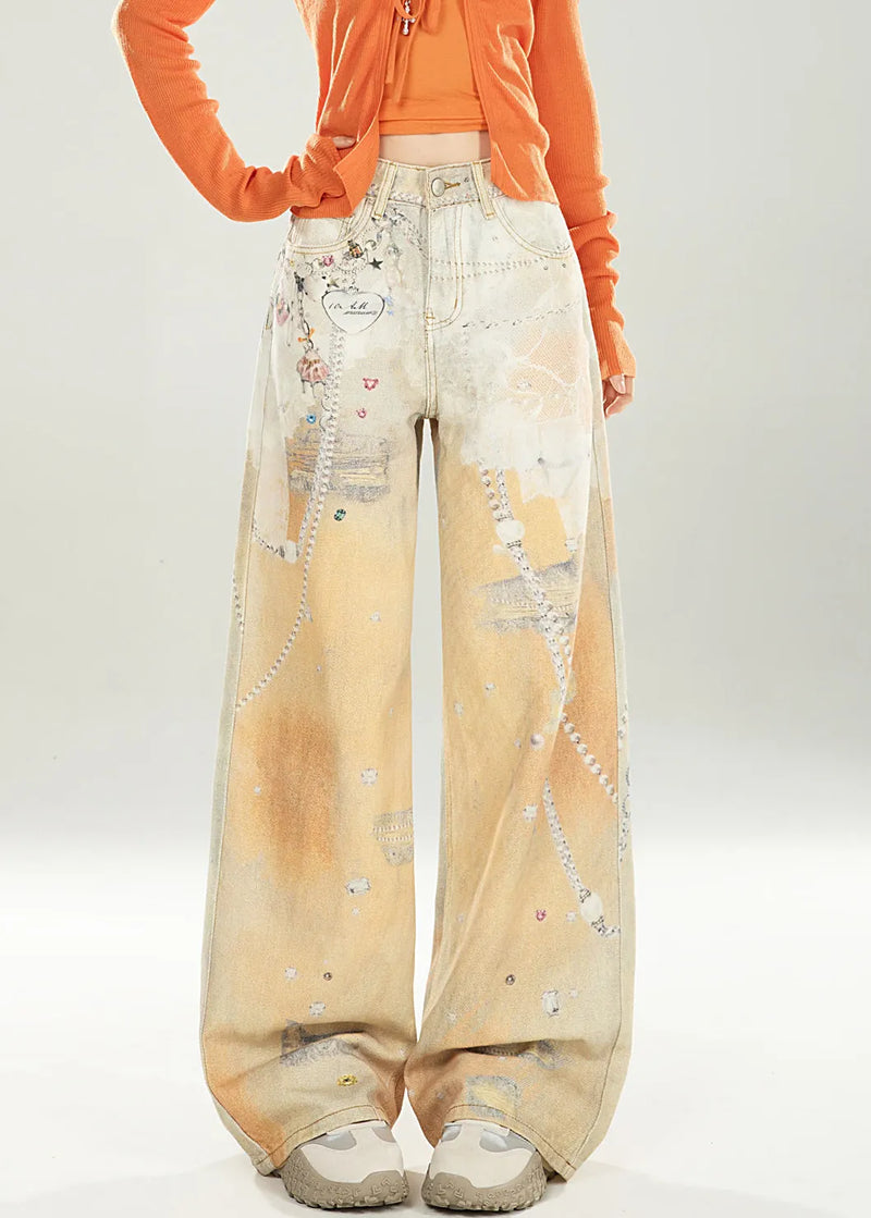 Unique Gradient Color Print Pockets Denim Wide Leg Pants Spring