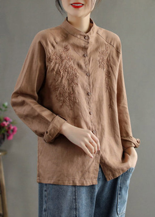 Chocolate Stand Collar Embroideried Button Linen Shirts Long Sleeve