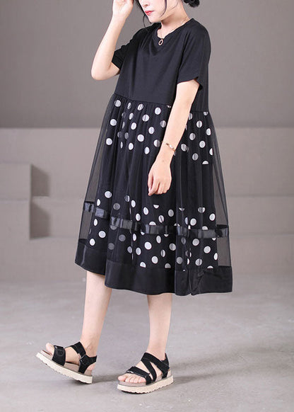 Black O-neck Tulle Patchwork Dot Print Cotton Maxi Dress Short Sleeve