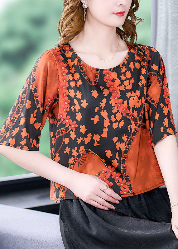 Orange O-neck Print Silk Shirt Top Short Sleeve