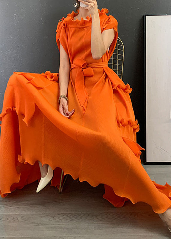 Italian Orange O-neck Ruffled Patchwork Vestidos Dress Short Sleeve