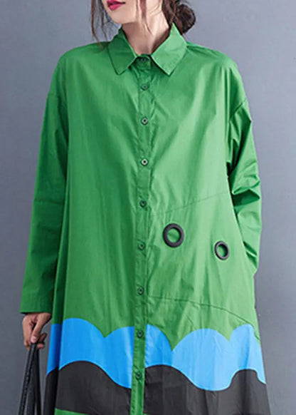 Green Peter Pan Collar Button Print Shirt Dress Spring