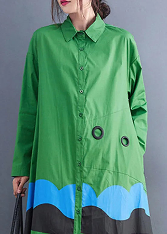Green Peter Pan Collar Button Print Shirt Dress Spring