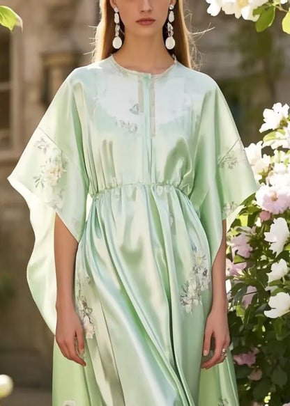 Classy Fruit Green Print Silk Holiday Dress Batwing Sleeve
