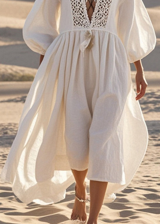 White V Neck Patchwork Cotton Long Dresses Lantern Sleeve Summer