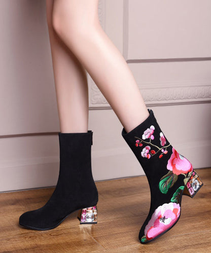 Retro Black Suede Chunky Embroidery Boots