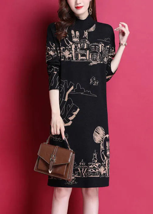 Black High Neck Print Thick Knit Holiday Dress Long Sleeve