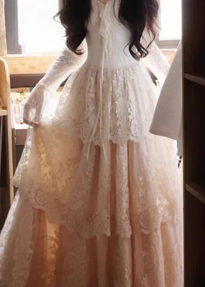 Slim Fit Beige V Neck Ruffled Patchwork Lace Maxi Dress Flare Sleeve
