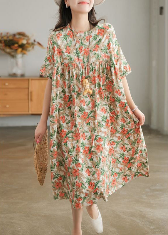 Khaki Oversized Print Cotton a Line Dresses Short Sleeve