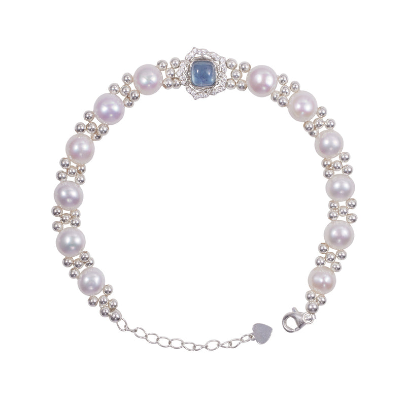 Modern Blue Sterling Silver Overgild Inlaidgem Stone Pearl Chain Bracelet