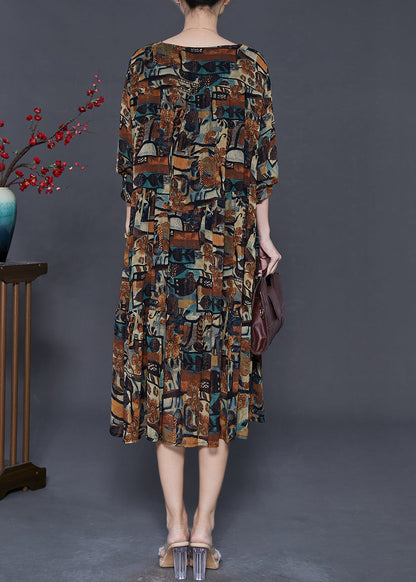Brown Oversized Print Chiffon Vacation Dresses Fall
