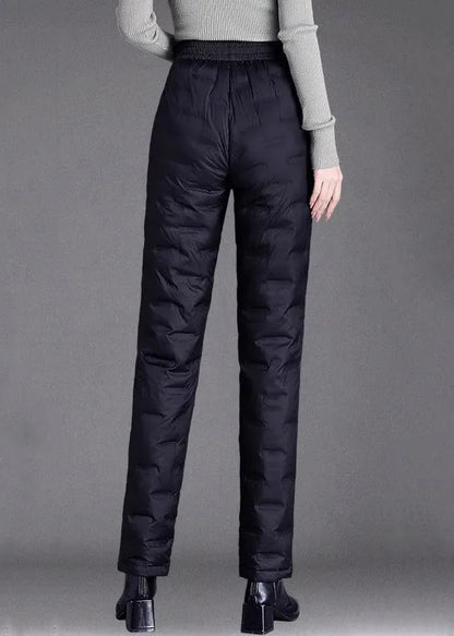 Black Elastic Waist Thick Duck Down Filled Straight Pants Plaid
